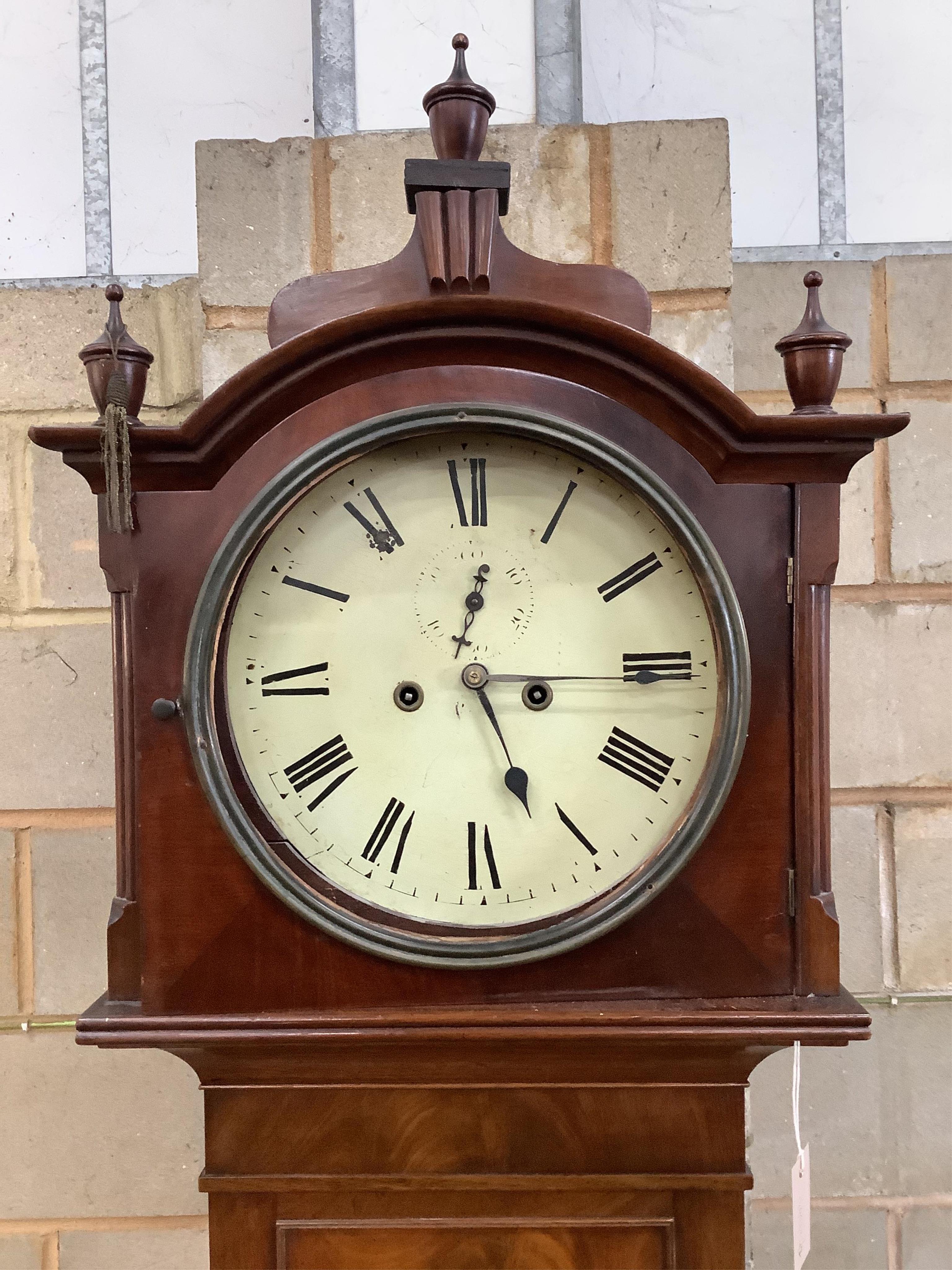 An early Victorian mahogany eight day longcase clock with a circular enamel dial, height 218cm. Condition - fair, lacks dial glass